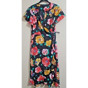Who What Wear Floral Wrap Dress Long Midi Black MultiColor Size L Boho Whimsical